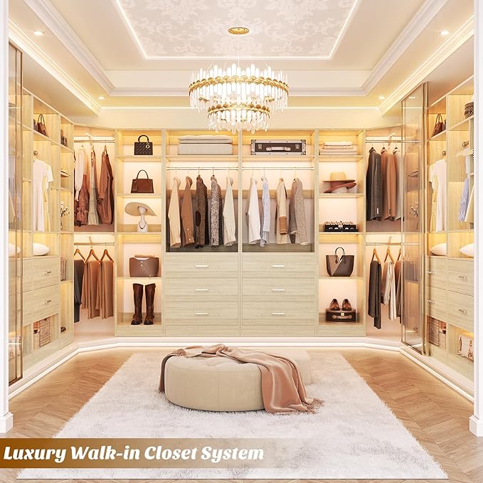 Besiost Corner Closet System with 5 Drawers, Closet Organizer System with 15+Shelvess & 4 Hanging Rods, 63.2"L * 63.2"W / 87.2"L * 39.2"W Reversible L Shaped Walk-in Closets, Load 2500+LBS, White Oak