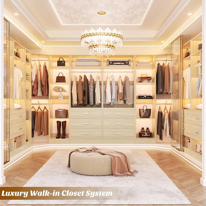 Besiost Corner Closet System with 3 Drawers, Corner Closet Organizer System with 13 Shelves & 3 Hanging Rods, 63.2"L * 39.2"W Reversible L Shaped Walk-in Closets, Load 2000+LBS, White Oak