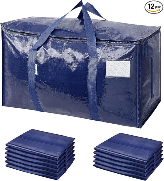 TICONN 12 Pack Extra Large Moving Bags Heavy Duty with Zippers & Carrying Handles, Durable Storage Bags Moving Boxes for Closet Organizers and Storage (12 Pack, Navy)