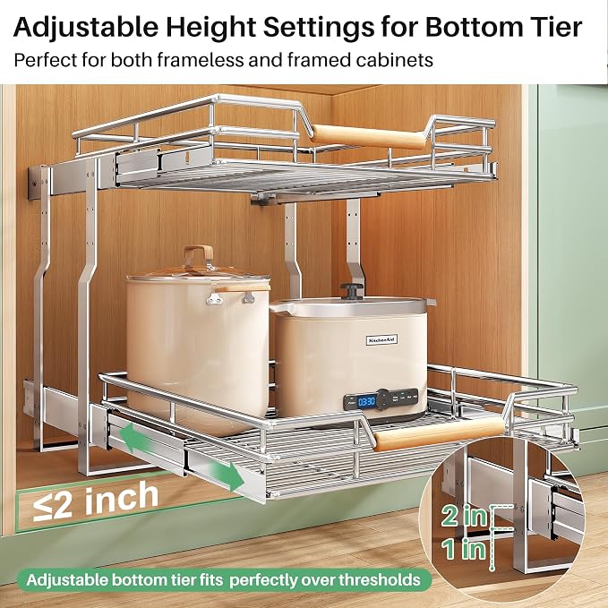 Pull out Cabinet Organizer, 2 Tiers 17"W X 21"D, Heavy Duty Smooth Sliding Under Cabinet Shelves for Pots and Pans, Full-Extension Roll out Drawers, Slide out Organization for Home Kitchen Pantry
