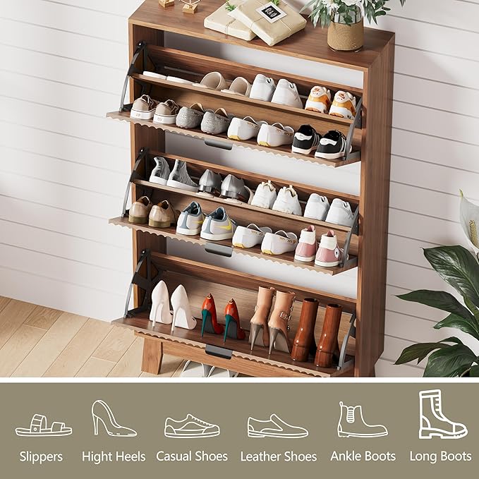 Shoe Cabinet Storage for Entryway with 3 Flip Drawers, Fluted Narrow Shoe Organizer with Wooden Legs, Freestanding Slim Shoe Storage Hidden Shoe Rack Organizer for Front Door Entrance, Hallway, Walnut