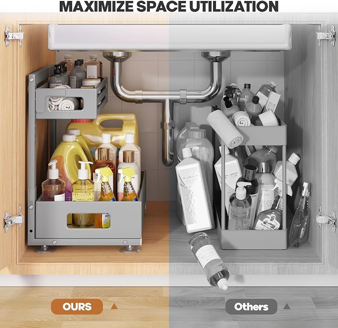 2 Pack Under Sink Organizer,Pull Out Cabinet Organizer With Smooth Cylindrical Rail,Metal Slide Out Drawer for Kitchen Bathroom Laundry Cabinet,8-Level Tool Free Height Adjustable-Gun Gray