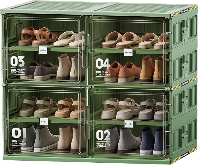 JEKO&JEKO 4 Tiers Green Foldable Shoe Rack Organizer for Entryway, Outdoor Front Door Shoe Storage Cabinet, Large Collapsible Shoe Box with Magnetic Doors, Holds Up to 16 Pairs