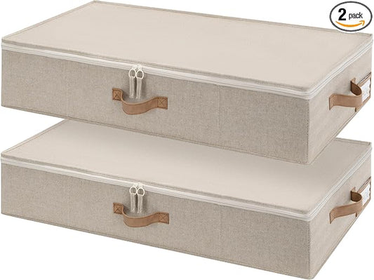 StorageWorks Underbed Storage Containers with Lids, 2-Pack 6" Low Profile Under Bed Organizers for Clothes, Bedding and Sweaters, 53L Large Fabric Storage Bins, Foldable Space Saving, Taupe