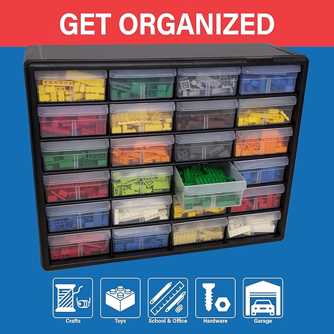 Akro-Mils 24-Drawer Plastic Storage Cabinet, 20" W x 6" D x 16" H, Black | Plastic Cabinet w/ Drawers for Garage Organization, Beads, Building Bricks Storage, Teacher Toolbox, Makeup Organizer, 10124