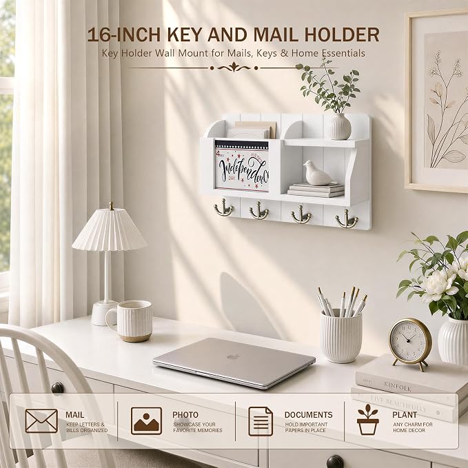 Rebee Vision Key Holder Wall Mount with Mail Organizer for Entryway, White | Key Holder for Wall, 4 Key Hooks, Floating Shelf, Home Decor, Mail Sorter, Key Hanger, with Chalkboard, Apartment Essential