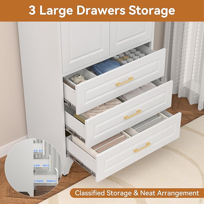 Polup 71" White Metal Armoire Wardrobe Closet with Doors and 3 Drawers | Freestanding Tall Steel Clothing Storage Cabinet, 180lbs Adjustable Shelves, Hanging Rod, for Bedroom, Office, Laundry