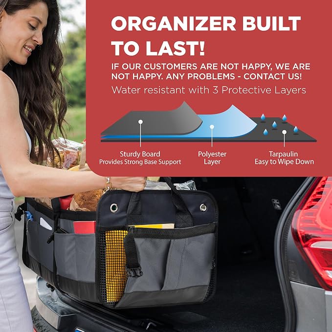 Car Cargo Organizer for SUV, Truck & Auto Storage, Gift, Grey, Large | Fits Cars, SUVs & Trucks • 4 Adjustable Compartments • Non-Slip Base & Straps • Foldable • 11 Pockets • Gift