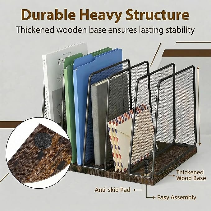 5-Section Vertical File Organizer for Desk, Sturdy Wood Base & Metal Mesh Desktop File Holder, Upright Paper Folder Sorter for Office Supplies（Rustic Brown）