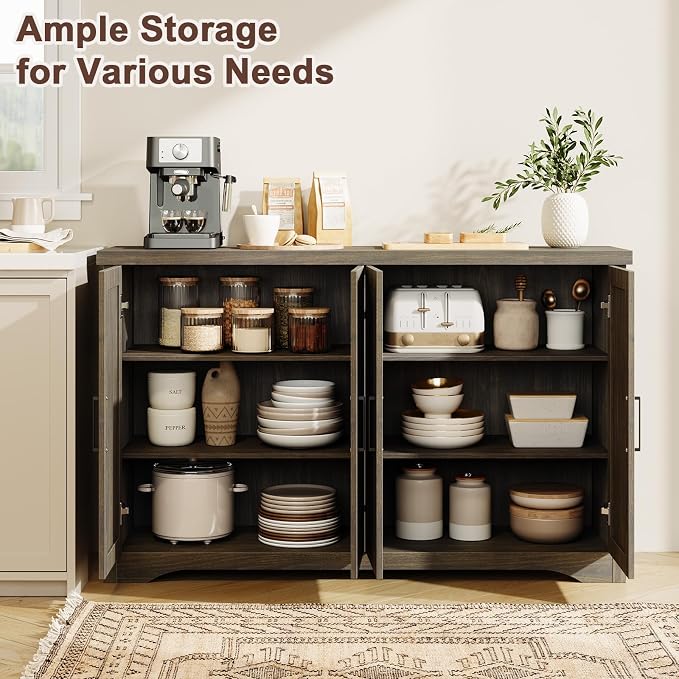 55" Fluted Sideboard Buffet Cabinet with Storage,Gray | Modern Credenza with 4 Doors & Adjustable Shelves,Coffee Bar Table Console for Dining Room Kitchen Living Room Entryway