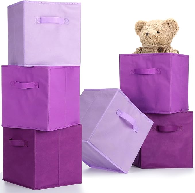 Karenhi 11" x 10.5" x 10.5" Purple Storage Cube, 6 Pack Fabric Cube Storage Bins Organizer Box, Collapsible Baskets with Handles Foldable Shelf for Cloth Toys Home Room Closet, Pack of 6