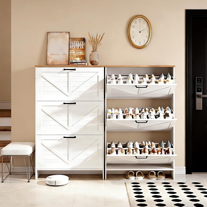 Shoe Cabinet for Entryway, 3 Flip Drawers Shoe Storage Cabinet with 3-Tier Adjustable Shelves, Ultra Slim 9.1" Depth Holds Up to 30 Pairs, Freestanding Hidden Shoe Organizer with Barn Door Design
