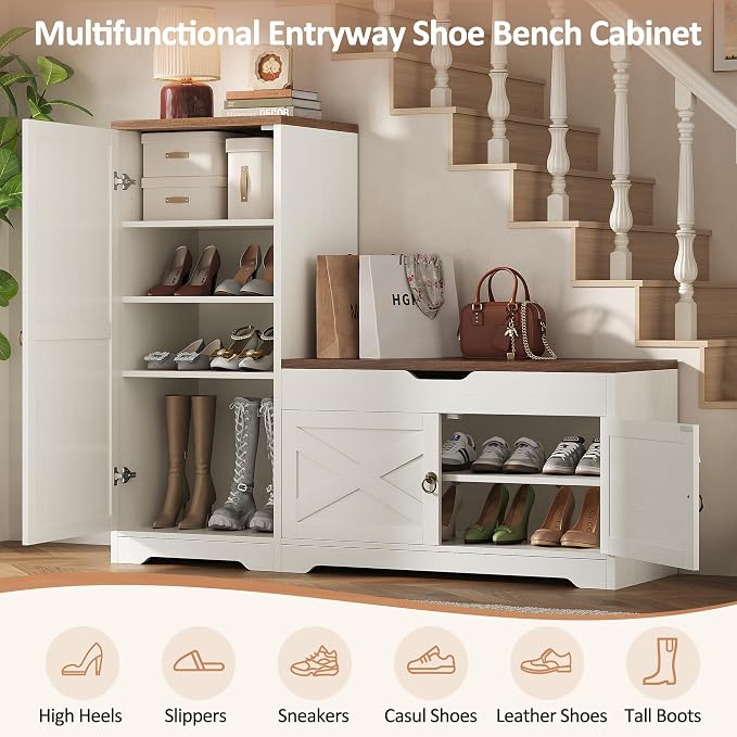 47'' Shoe Cabinet with Bench Seat, 7-Tier Shoe Storage Bench for Entryway with Adjustable Shelves, Hidden Lift Top Storage and 0.7'' Top Panel for Hallway Entrance, White