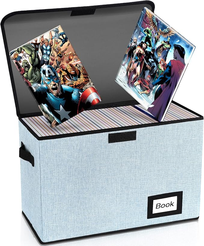 Collection Comic Book Storage Box 15.8" X 7.8" X 11.8", Collapsible Comic Short Box, Holds 160-180 Comic Book, Heavy Duty Bin Container Holder Shelf Protector Organizer (Blue)