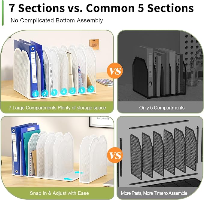 FANXIYQ White 7-Section File Folder Organizer for Desk, Metal Vertical File Holder Stand, Desktop File Organizer Rack for Letter/A4 Folders, Papers, Books, Office Classroom Home
