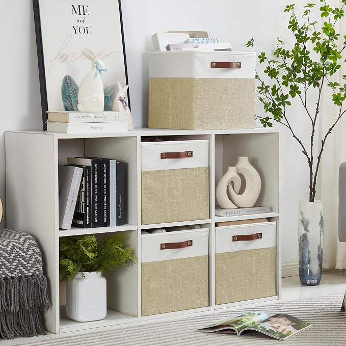 Bagnizer 13x15x13 Storage Cube Bins, Foldable Storage Organizer Baskets, Fabric Cube Storage Boxes with 2 Reinforced PU Handles for Kallax, Shelves, Living Room | 4 Pack, Beige & White