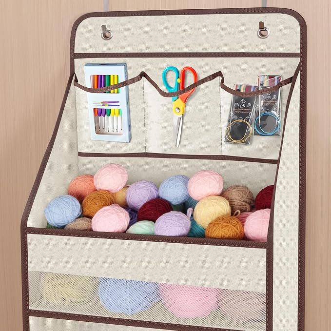 Univivi Fabric Over Door Hanging Organizer for Baby Nursery, Beige, 5-Shelf | Door Storage with Large Capacity Breathable Mesh Pockets, Over the Door Organizer for Baby Essential, Bedroom and Dorm