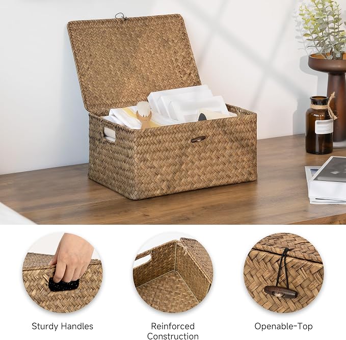 StorageWorks Wicker Baskets with Lid for Organizing, Seagrass Storage Baskets for Shelves, Decorative Box with Built-in Handles, Brown, Large, 1 Pack