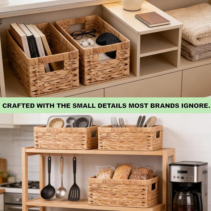 Handwoven Wicker Storage Basket with Built-In Handles - Decorative Rectangle Organizer Bin for Shelves, Closet, Bathroom, Kitchen & Living Room - Durable Eco-Friendly Storage Solution (Large 1-Pack)
