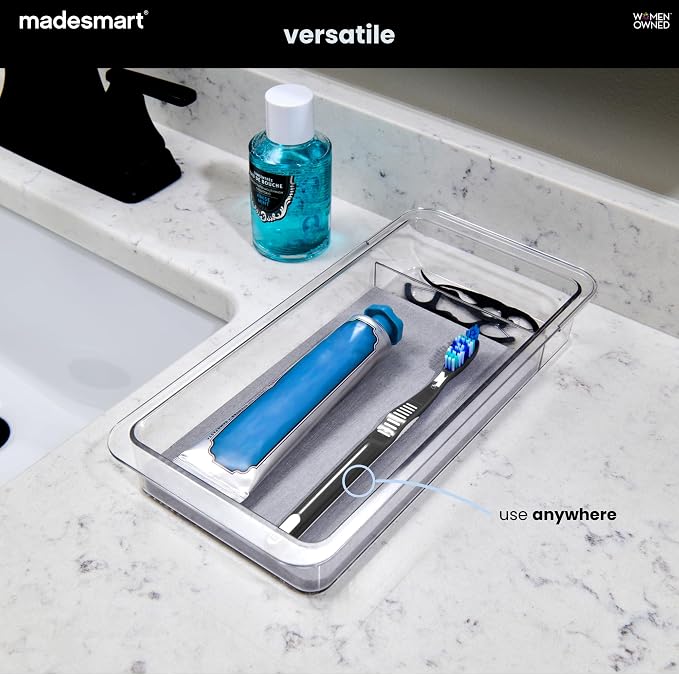 madesmart Drying Stone Expandable Toothbrush Organizer, Clear | diatomite, fast drying surface, divided layout, expandable, toothpaste floss, dental items, bathroom counter, woman owned