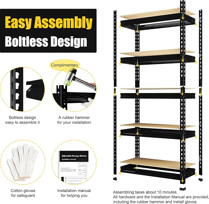 PrimeZone 5-Tier Garage Storage Shelves, Adjustable Metal Shelving, Black | Heavy-Duty Metal Frame & Connectors, FSC MDF Boards, Space-Saving Storage for Garage, Pantry & Closet, 28"W x 12"D x 59"H
