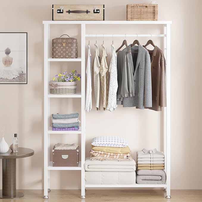 VECELO Open Garment Clothing Rack, Free-Standing Heavy Duty Storage Closet with 5 Shelves and Hanging Rod for Small Spaces, Max Load 350LBS, White