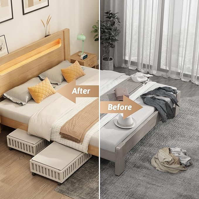 MHXW SXPN 2 Pack Bamboo Under Bed Storage Containers with Wheels, White | Underbed Drawer Storage with Bag, Wood Rolling Underbed Organizer for Shoes, Sheets Clothes Blanket Comforter, Under Crib Toy