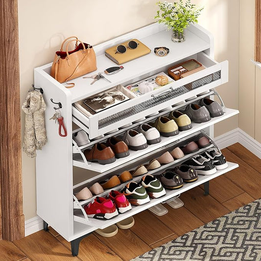 Shoe Cabinet with 2 Flip Drawers & Top Drawer, Farmhouse Narrow Shoe Storage Cabinet with Adjustable Shelves & Hooks, Freestanding Hidden Slim Shoe Rack Cabinet for Entryway, Hallway, White