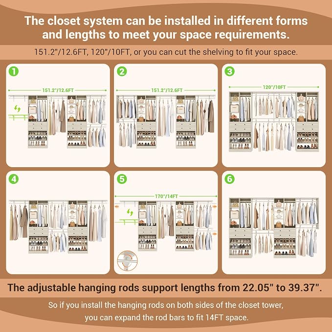 Besiost Closet System - 120"/10FT, 151.2"/12.6FT Closet System with Drawers, Built-in Closet Organizer System with Reversible Hanging Shelving and Hanging Rods, Greige Oak Set of 2