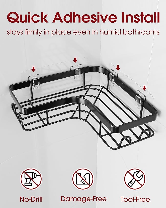 Sakugi Corner Shower Caddy - 3-Pack Shower Organizer with Soap Holder & Built-In Hooks, Rustproof Metal Shower Shelves, Laundry, Kitchen, Bathroom Organizers and Storage Solution, Large, Black