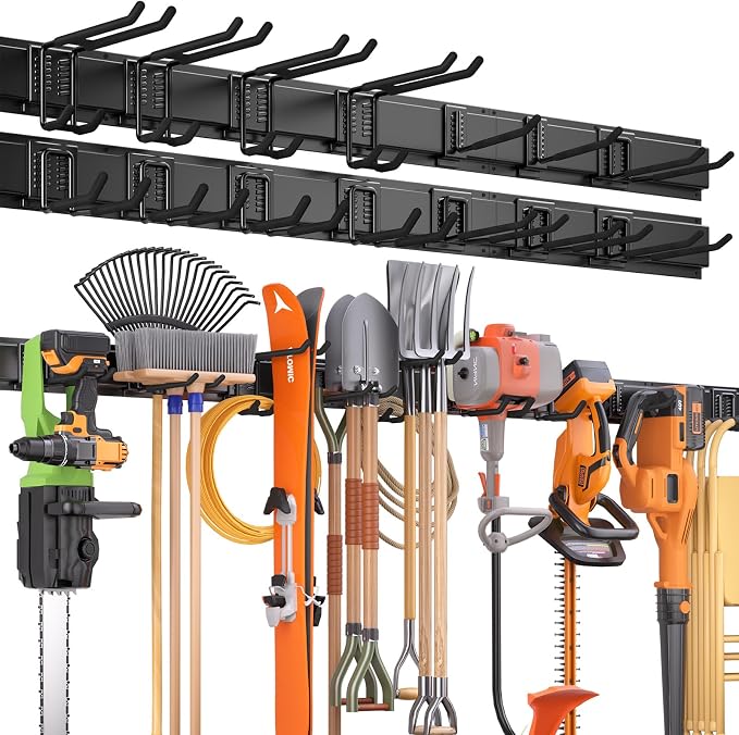 99 Inches Garage Storage, UUP Garage Organization, Wall Mount Garden Tool Organizer, Max 1000lbs Adjustable Metal Hook, Yard Shed Hanging Utility Rack, Heavy Duty Shelving for Rake Broom Mop Snowboard