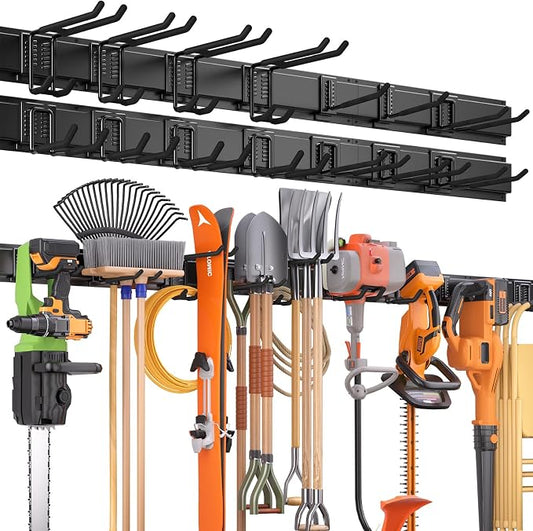 99 Inches Garage Storage, UUP Garage Organization, Wall Mount Garden Tool Organizer, Max 1000lbs Adjustable Metal Hook, Yard Shed Hanging Utility Rack, Heavy Duty Shelving for Rake Broom Mop Snowboard