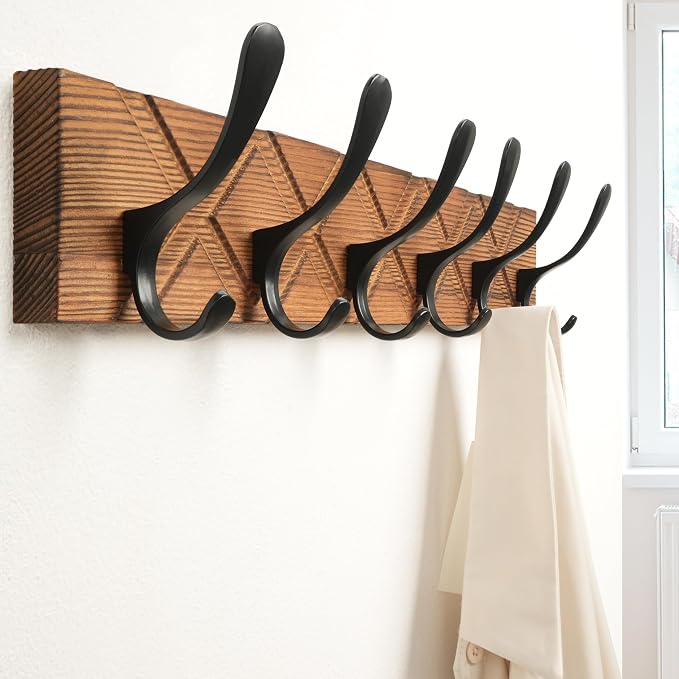 SKOLOO Coat Rack Wall Mount - Antique Wooden Carved- X Cross Coat Hook,Pack of 2, Wall Coat Hanger with 6 Hooks for Hanging Coats, Hats, Clothing, Scarfs, Brown & Black