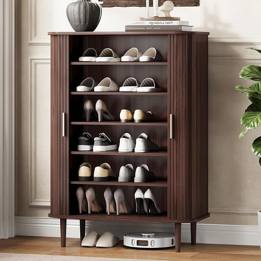 DHH Shoe Storage Cabinet with Sliding Door, 6-Tier Shoe Cabinet with Adjustable Shelves, Modern Freestanding Shoe Storage Organizer for Entryway, Hallway, Living Room (Walnut, 31.5 ")