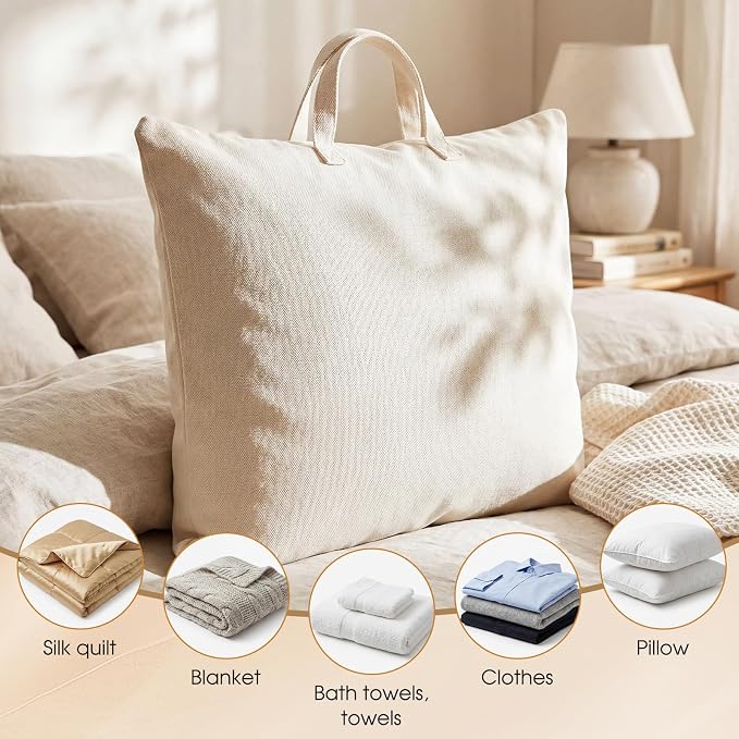2 Pack Travel Pillow and Blanket Bags, 100% Cotton Canvas Pillow Storage Bag with Handles for Airplane Home, Heavy Duty Breathable Organizer for Bedding Linens, Pillow Bag for Traveling(2,20"x26")