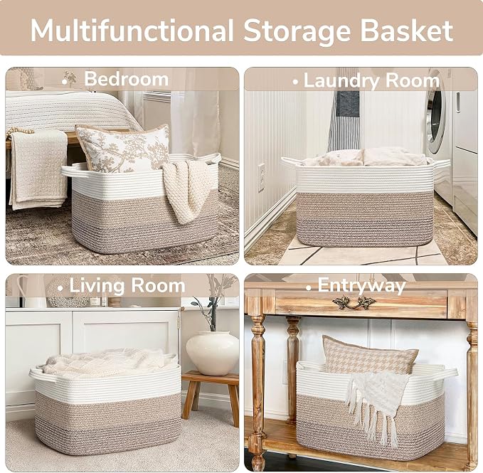 Goodpick Large Woven Storage Basket, Rectangle Storaget, Light Brown | 21.6 x 14.9 x 11.8 in, Cotton Rope, Living Room, Bedroom & Nursery Organization, Toys, Blankets & Clothes Storage