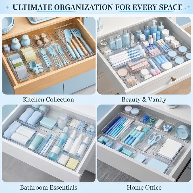 14 Pcs Expandable Clear Drawer Organizer|3-Size Extendable Drawer Dividers | Adjustable Plastic Storage Boxes, Arcrylic Storage Bins for Makeup Vanity Drawer Dresser DIY Desk Office Kitchen Utensils