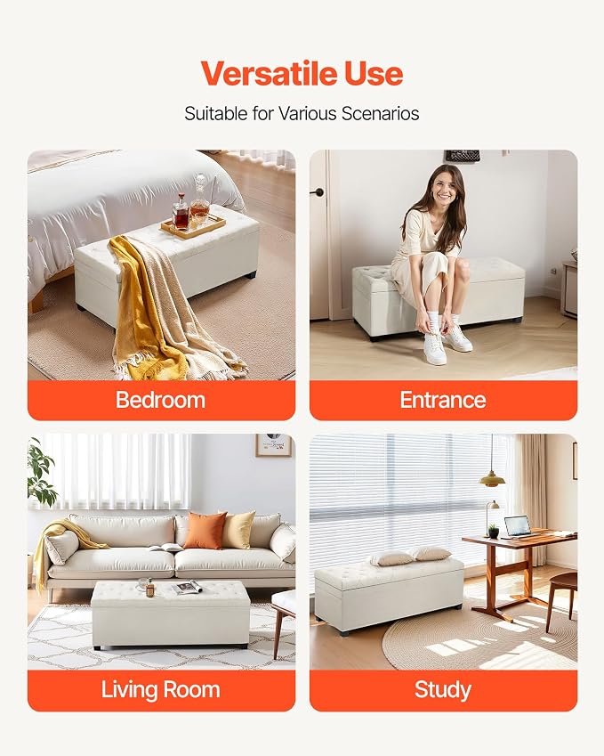 VEVOR Storage Ottoman Bench, End of Bed Bench with 2 Side Bags, Fabric Upholstered with Metal Frame, Toy Box Storage, Bed Benches for Foot of Bed, Bench for Entryway, Living Room, Playroom, Beige