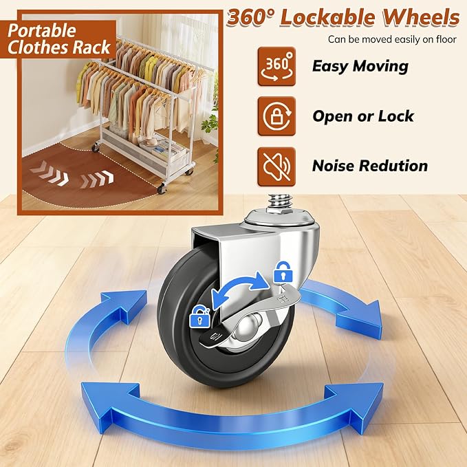 Clothes Rack 210 LBS Double Rods Extra Storage Basket | Rustproof Coated Steel, Anti-bending Design, 360° Sturdy Wheels, 10-Min Tool-Free Assembly, Metal Garment Rack for Home