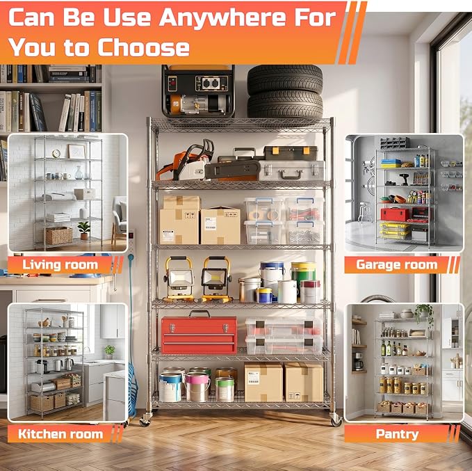 FDW 48 inch L×18 inch W×76 inch H Wire Shelving Unit Metal Shelf with 6 Tier Casters Adjustable Layer Rack Strong Steel for Restaurant Garage Pantry Kitchen Garage, Chrome