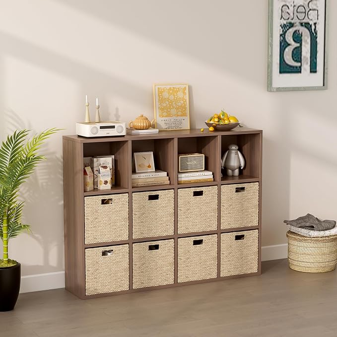 OSCHF 12-Cube Storage Shelf Bookcase, Walnut | Wooden 3-Tier Open Bookshelf, Fits 11×11" Bins, Vertical or Horizontal Use, Full Back Panels, For Home Office
