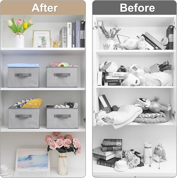 11 inch Storage Baskets, Woven Fabric Bins, Storage Cubes with Reinforced Handles, Organizer Bins for Closet Shelves, Foldable, for Clothes (Gray, 4PCS/11*11*7.8inch)