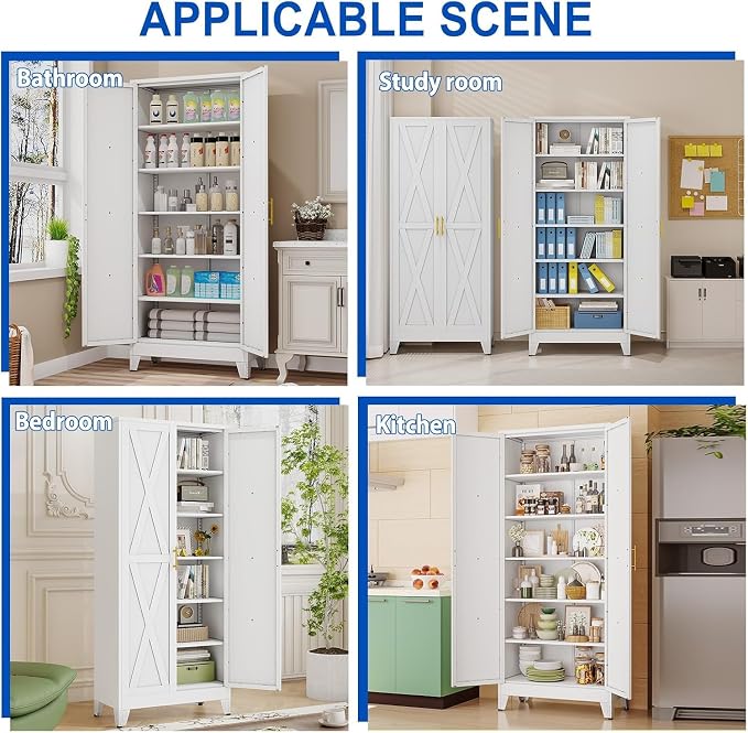 75" Metal Storage Cabinet with 2 Doors and 5 Adjustable Shelves,White Farmhouse Kitchen Pantry Cabinet,Steel Garage Tool Cabinet,File Cabinetfor Home,Office,Dinning Living Room,Warehouse