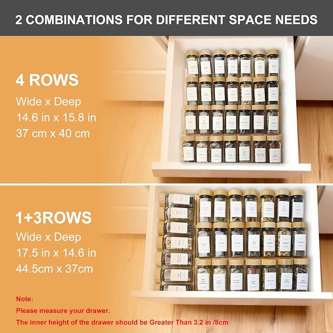 Spice Drawer Organizer with 35 Bamboo-lidded Spice Jars,216 Labels,25 Non-slip Rubber, Bamboo 4 Tier Seasoning Rack Tray Insert for Kitchen Drawers,Cabinets,Countertop,14.6" Wide x 15.8" Deep