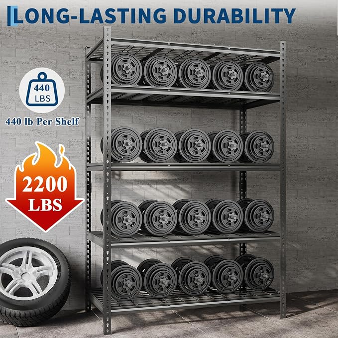 Garvee 5 Tier Metal Storage Shelving Unit 48" W Adjustable Garage Shelving | 2400 LBS Heavy Duty Garage Shelving Storage Shelves for Garage Kitchen Pantry Warehouse Basement 48" W × 24" D × 72" H