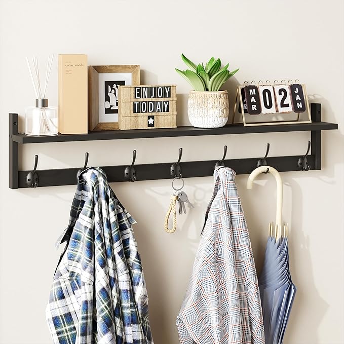 BAMEOS Wall Hooks with Shelf 35 Inch Length Entryway Hanging Shelf Wood Coat Hooks Wall-Mounted Coat Hook Rack with 7 Dual Hooks for Bathroom, Living Room, Bedroom (Black)