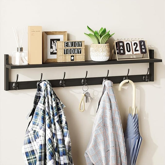 BAMEOS Wall Hooks with Shelf 35 Inch Length Entryway Hanging Shelf Wood Coat Hooks Wall-Mounted Coat Hook Rack with 7 Dual Hooks for Bathroom, Living Room, Bedroom (Black)
