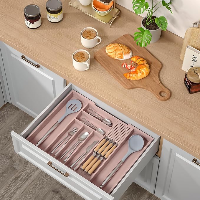 Expandable Bamboo Silverware Drawer Organizer Tray, Grey Pink | Removable Knife Block, Holds 7 Knives, Adjustable Dividers, 12.6-21.45 x 16.3 x 2.13 in, Drawer Insert for Utensils, Forks