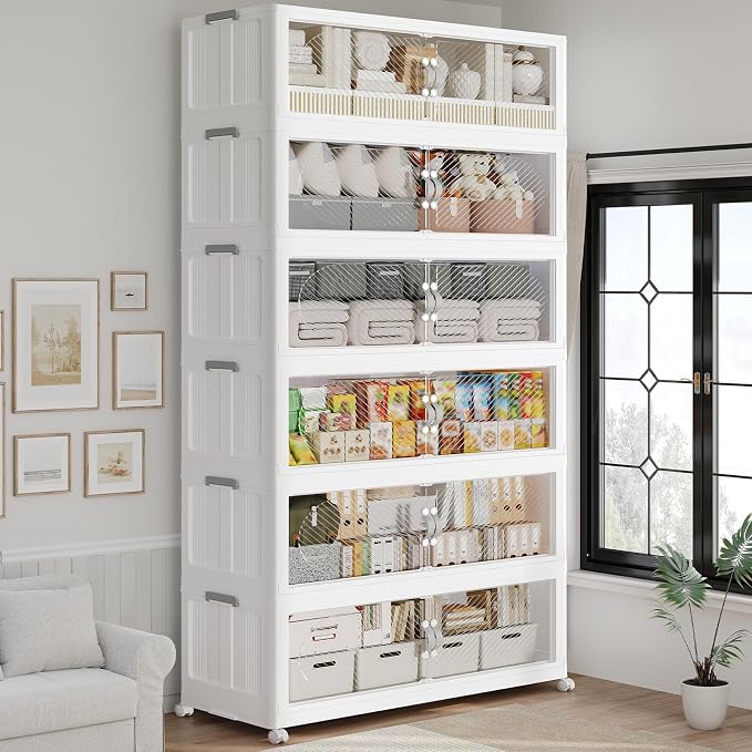 240GAL Plastic Storage Bins with Lid, 960QT Extra Large Stackable Closet Organizers and Storage, Collapsible Storage Boxes with Wheels, Folding Cabinet for Home Kitchen Office, 6Pack White