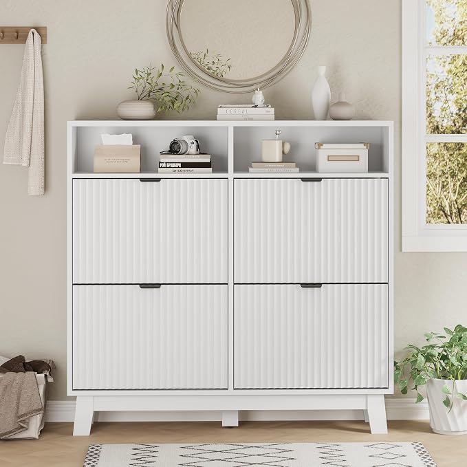 Xixini Shoe Cabinet with 4 Flip Drawers, 46" Tall Narrow Fluted Shoe Storage Organizer for Entryway, Hidden Slim Wooden Shoe Rack Cabinet for Front Door Entrance, Hallway, Living Room, Solid White
